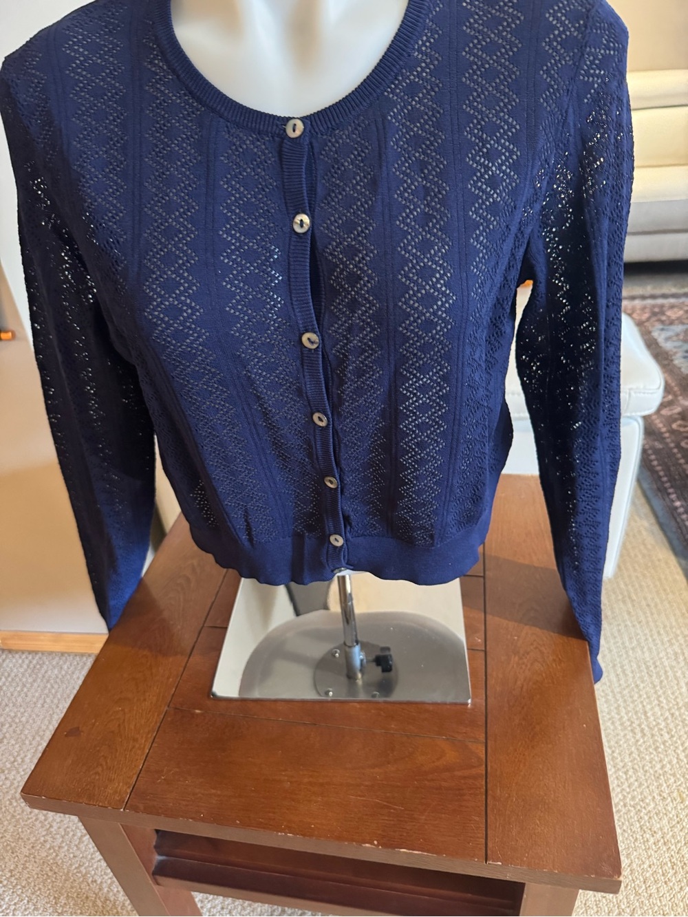 Tristan Navy Openwork Knit cropped Cardigan!   Fits medium to large